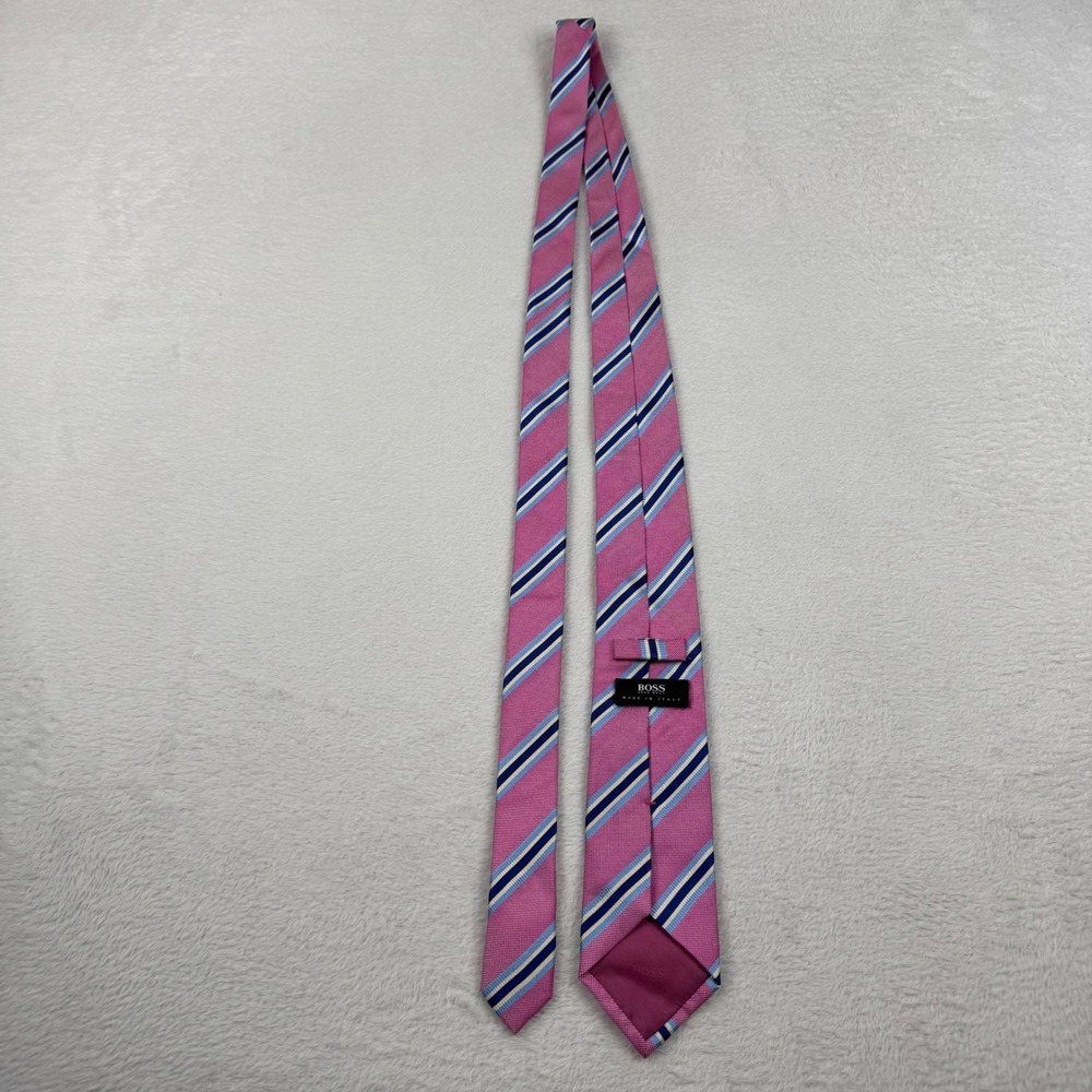 BOSS Hugo Boss Silk Tie Mens One Size Pink Navy Blue Striped Made in Italy